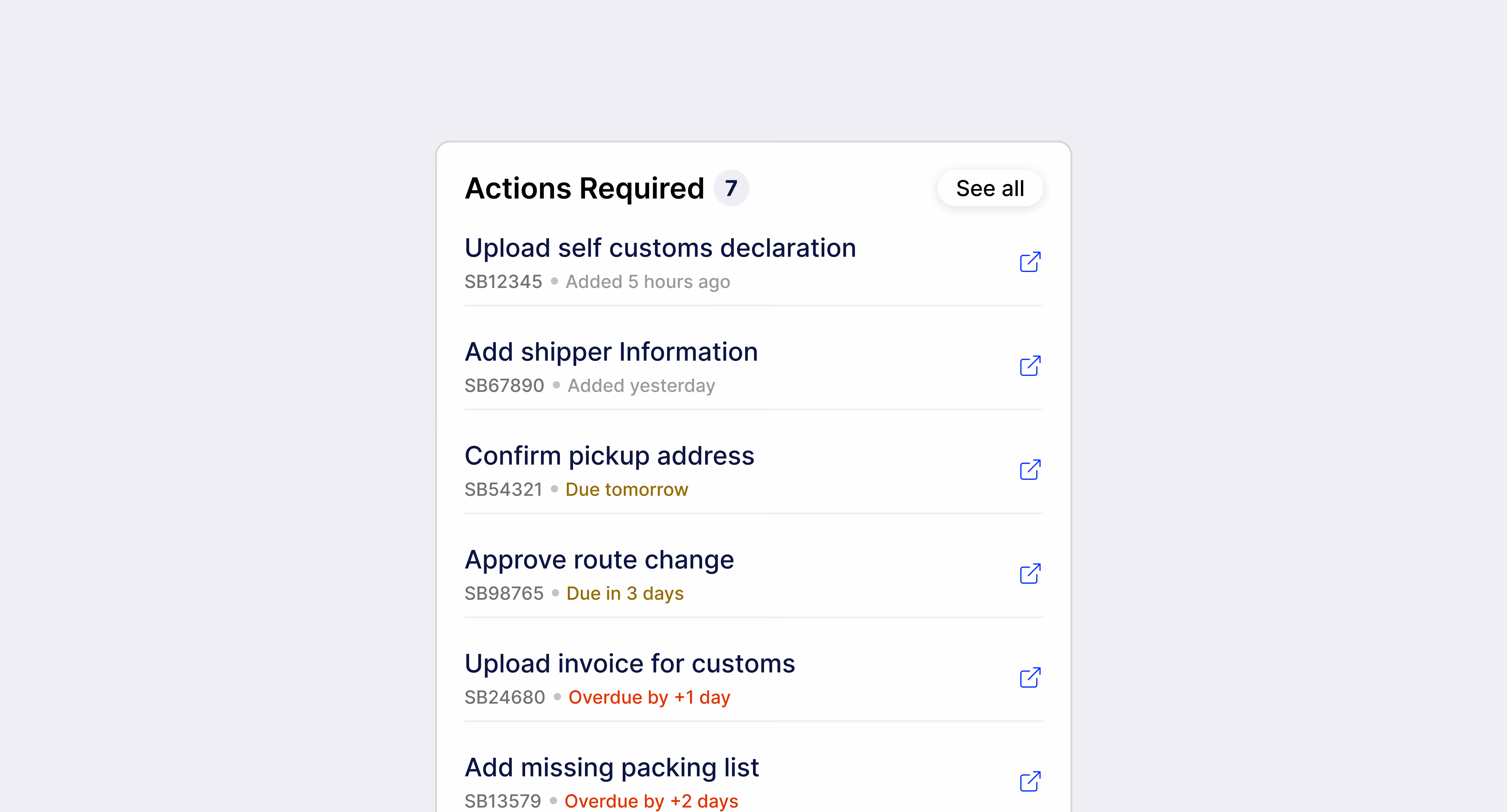 An image showing actions required in a shipment dashboard