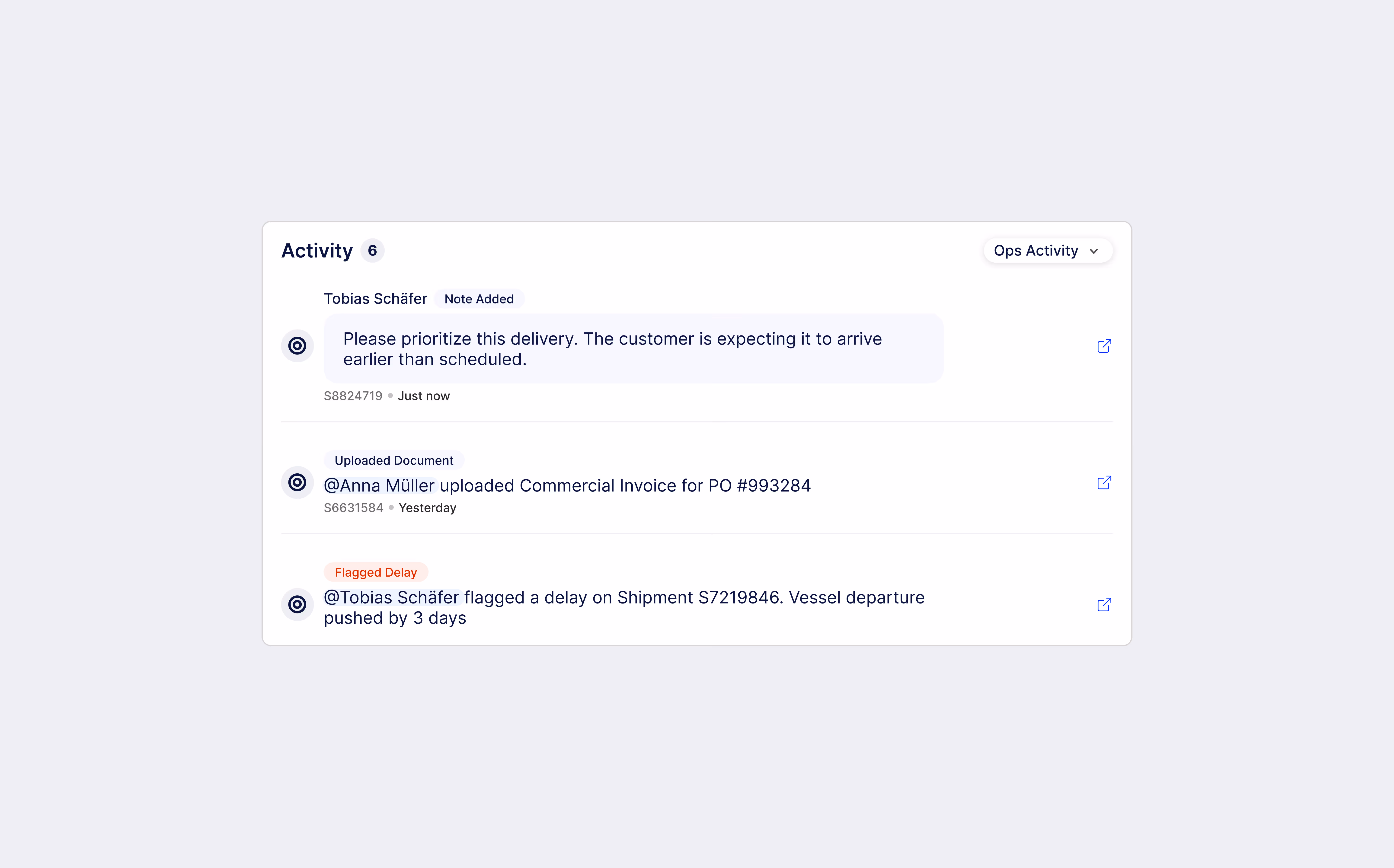An image showing activity feeds in a shipment dashboard