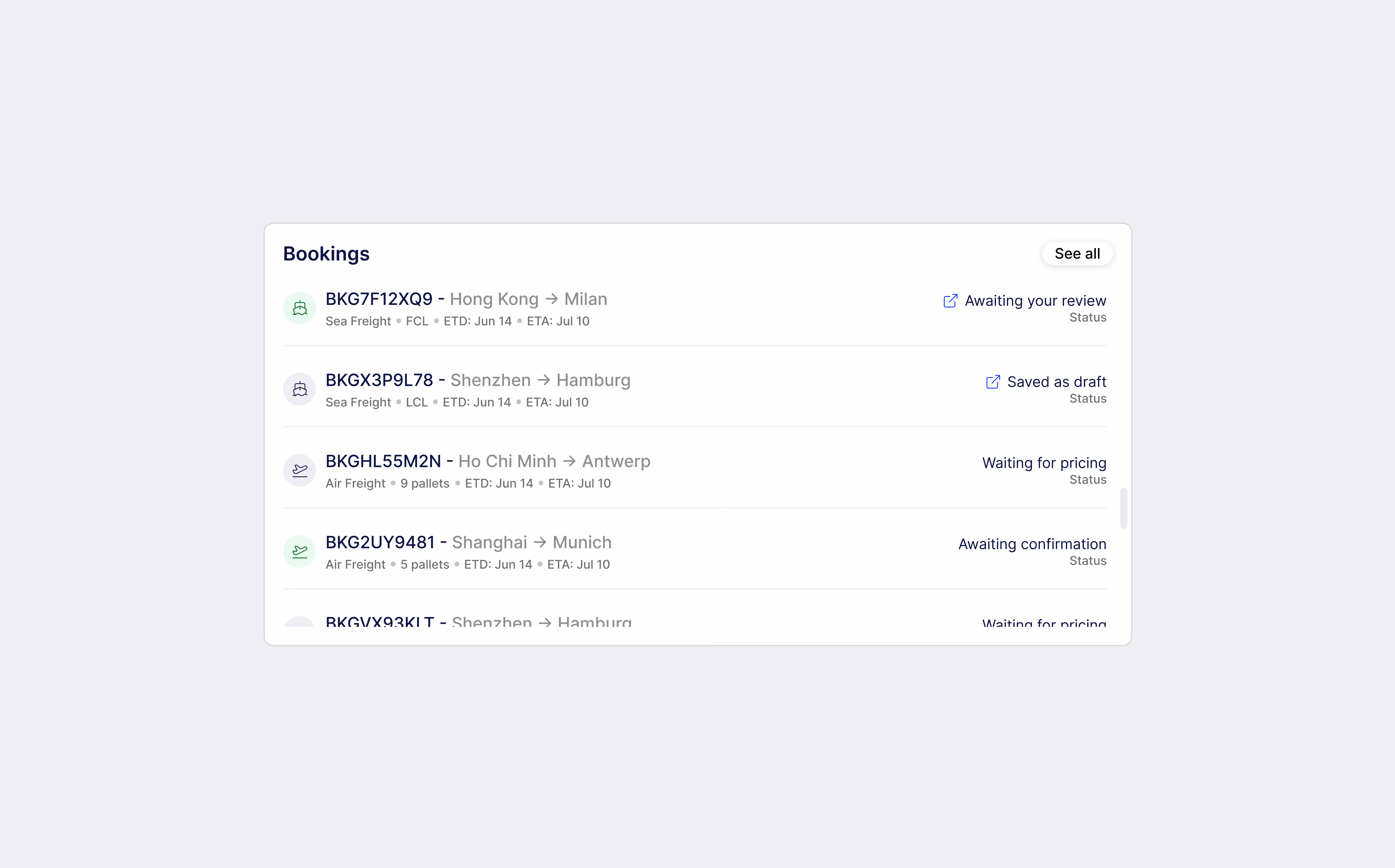 An image showing booking lists items in a shipment dashboard