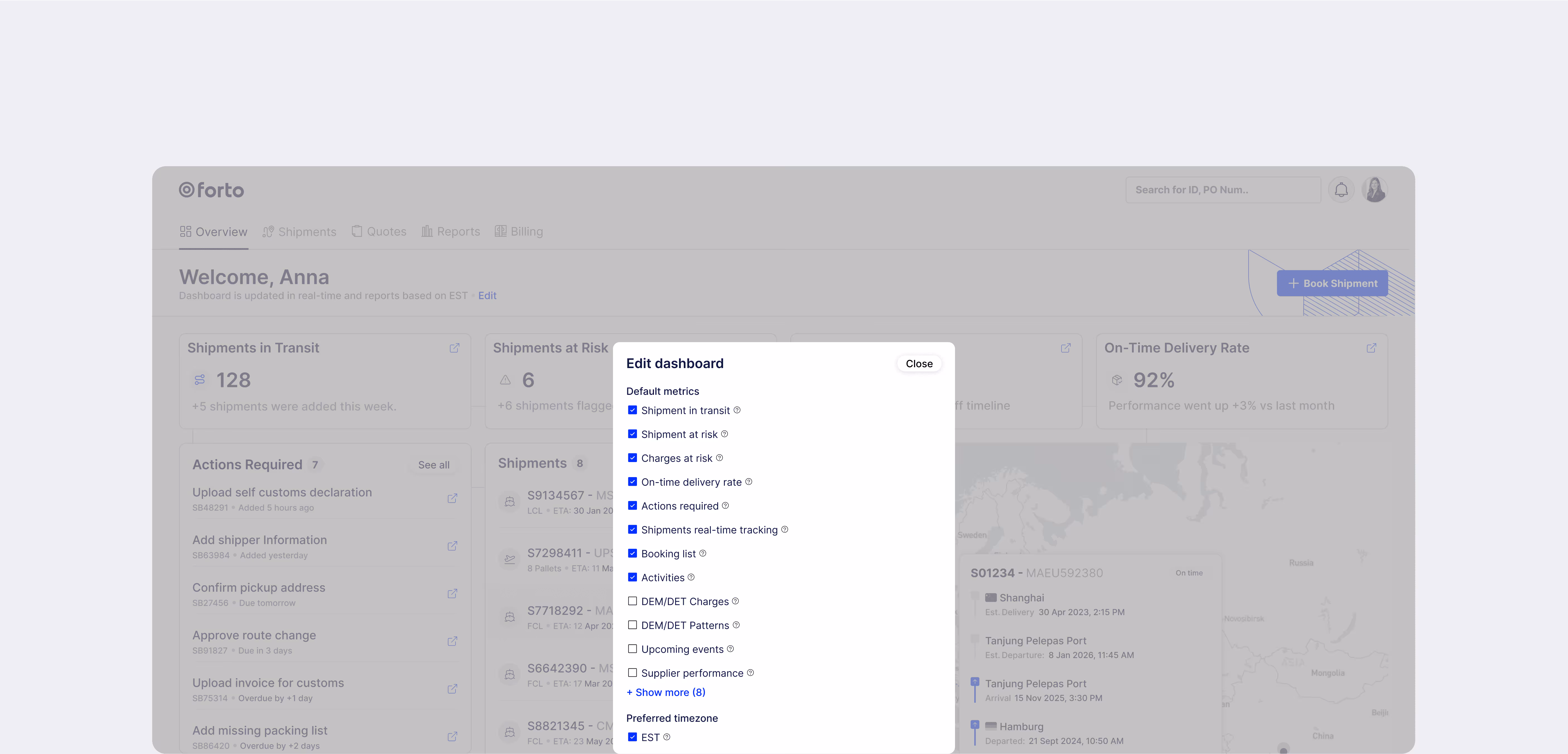 Dashboard personalization feature in a shipment dashboard