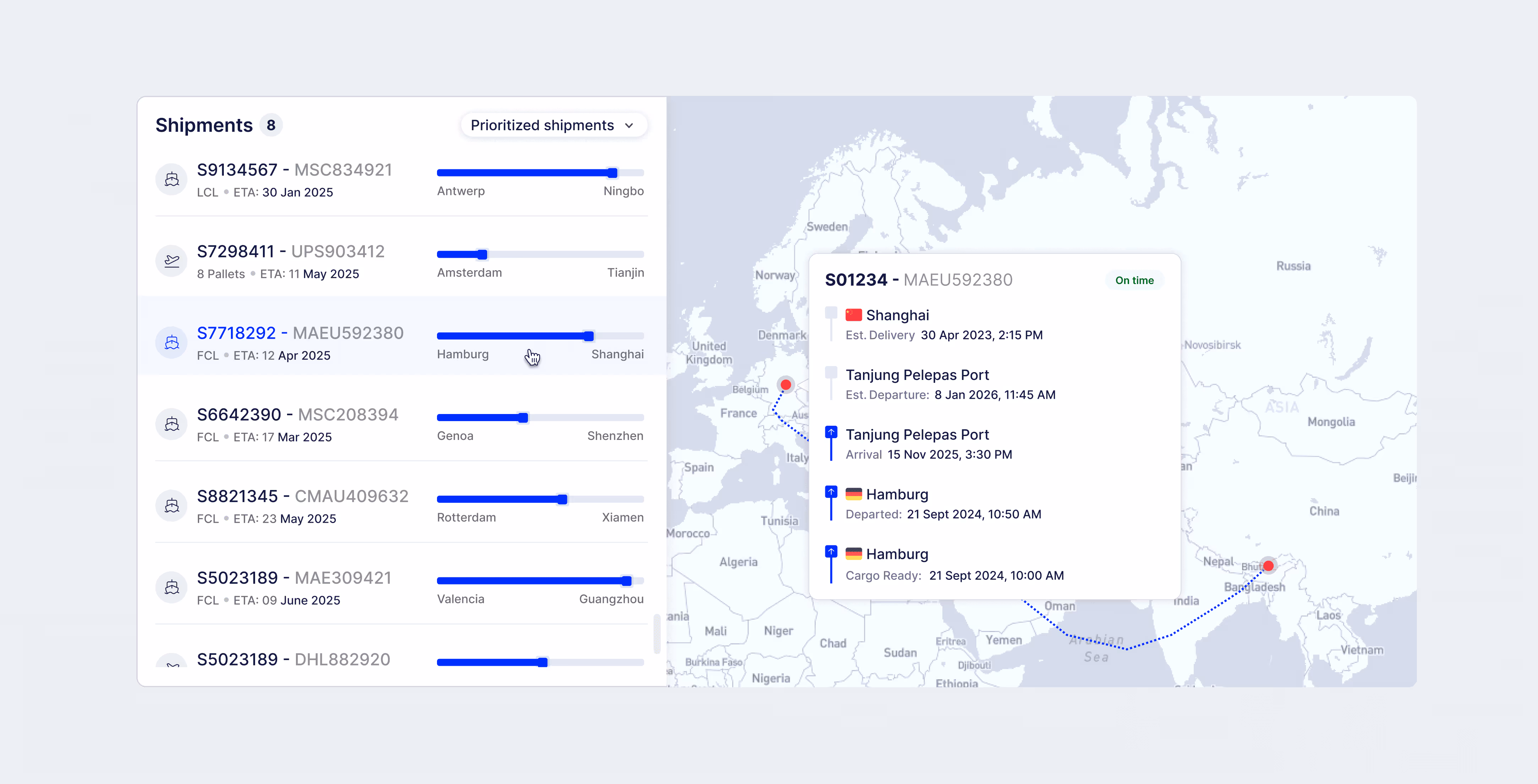 An image showing real-time shipment activity in a shipment dashboard